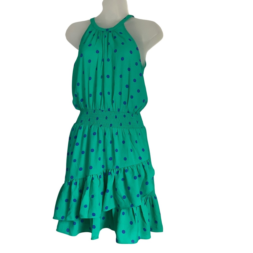 Lilly Pulitzer Green Blue Polka Dot Shell Ruffle Halter Mini Dress Womens 4